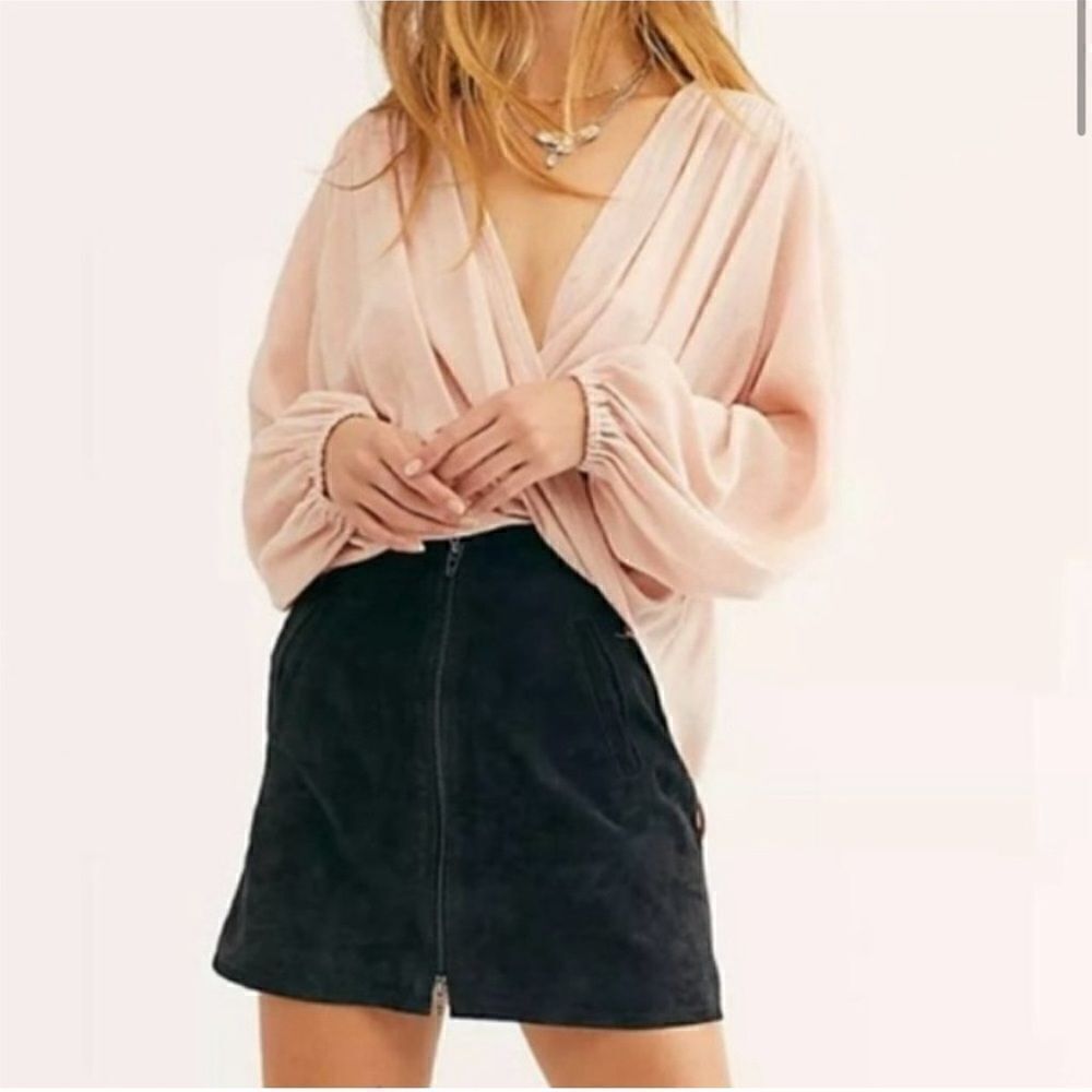 Free‎ People Check On It Faux Wrap Long Sleeve Vneck Blouse Top Pink Nectar Sz S